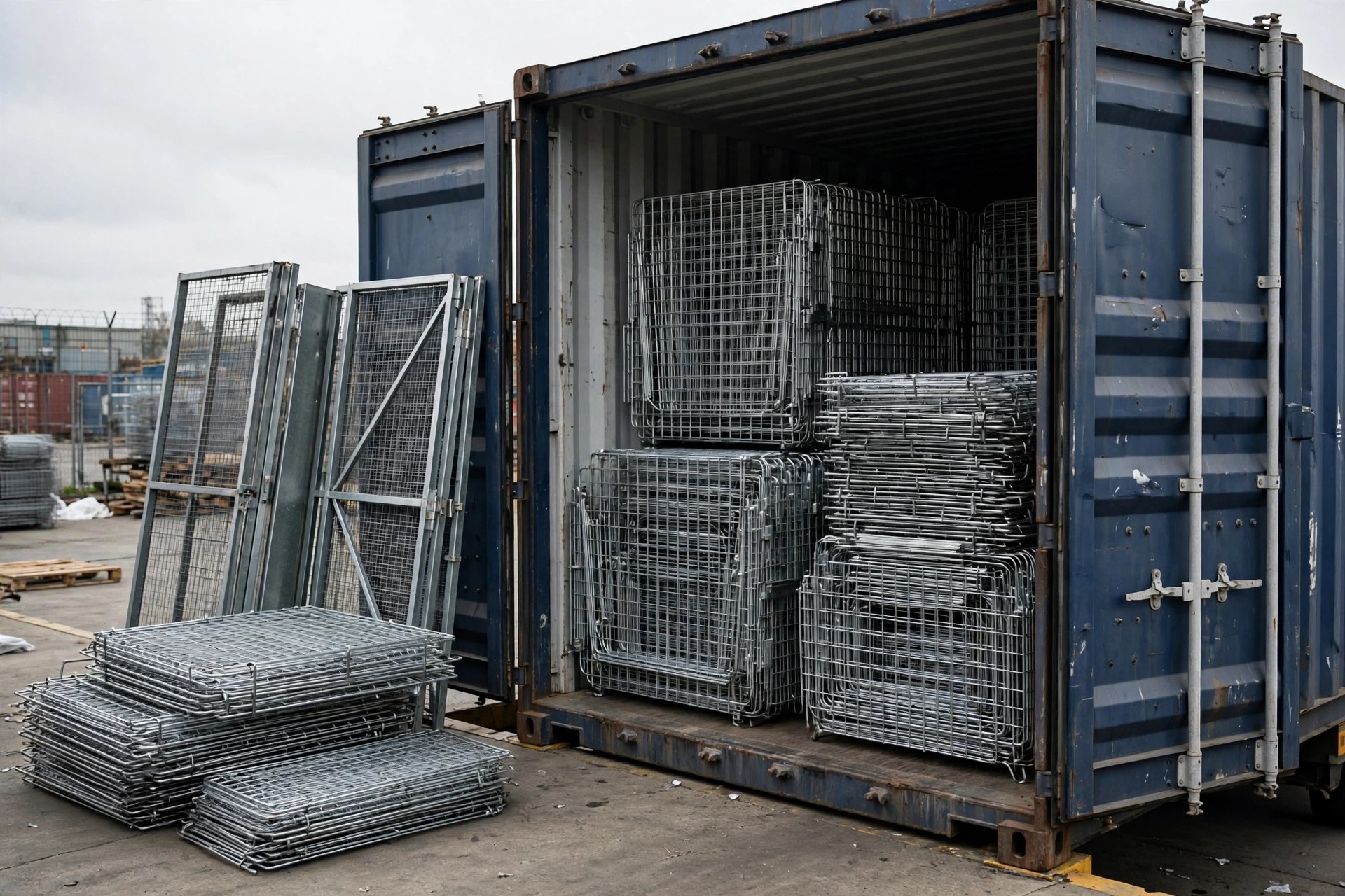 Collapsible wire containers being loaded into a shipping container