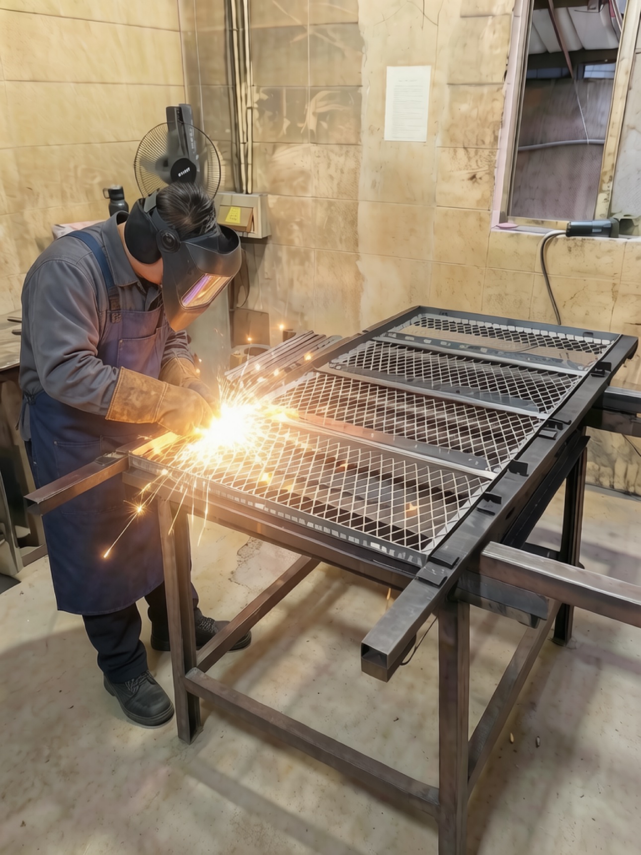 Worker manually welding wire mesh panels